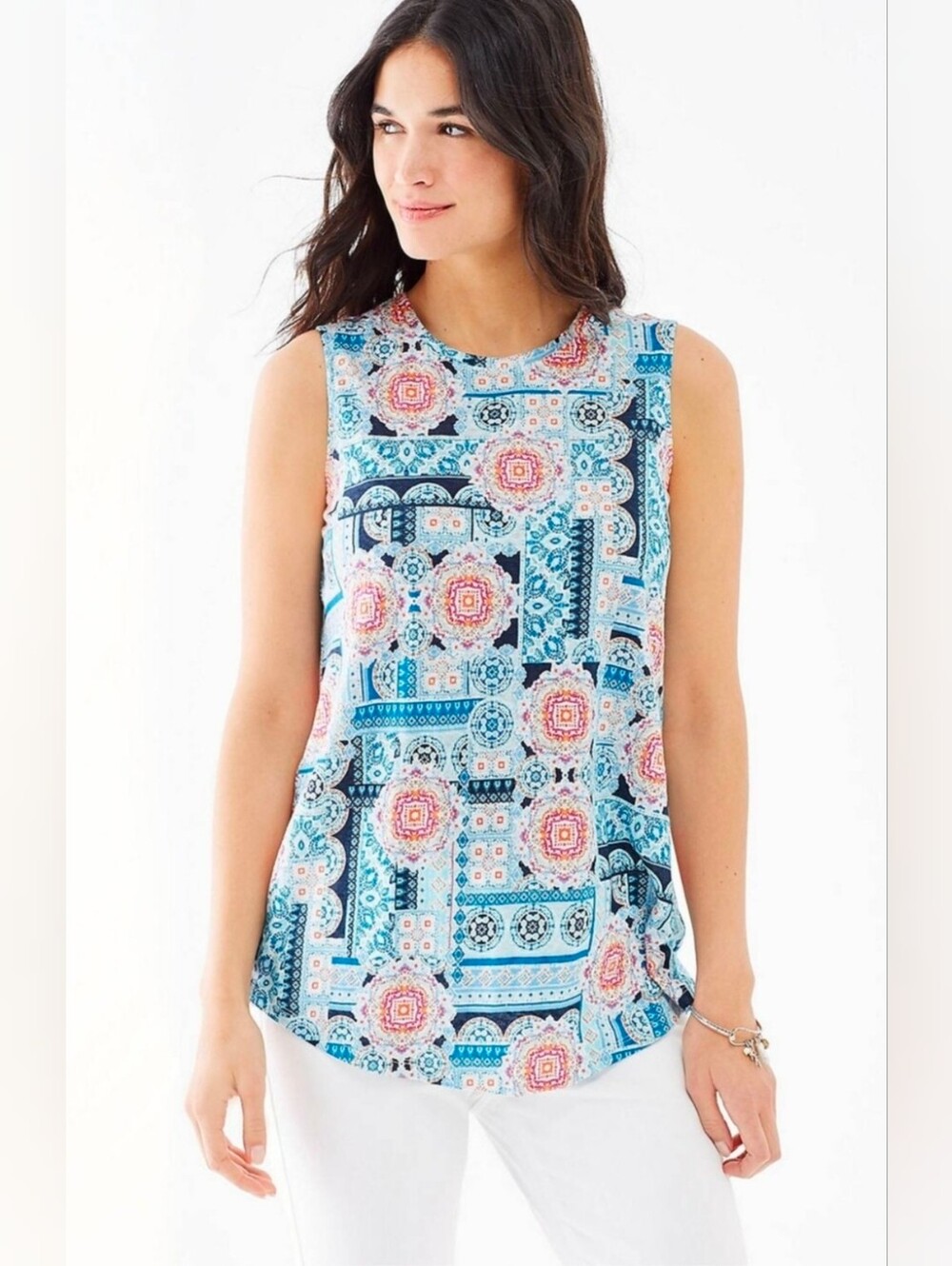 J. Jill Aqua Multi Printed Sleeveless Linen Top Size S